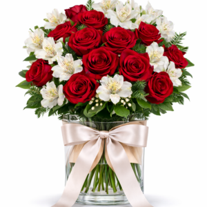 18 Rosas Vermelhas e Astromélias Brancas em vaso