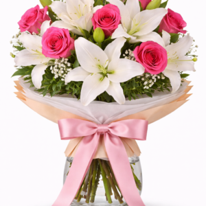 Elegant Pink Roses & White Lilies Vase