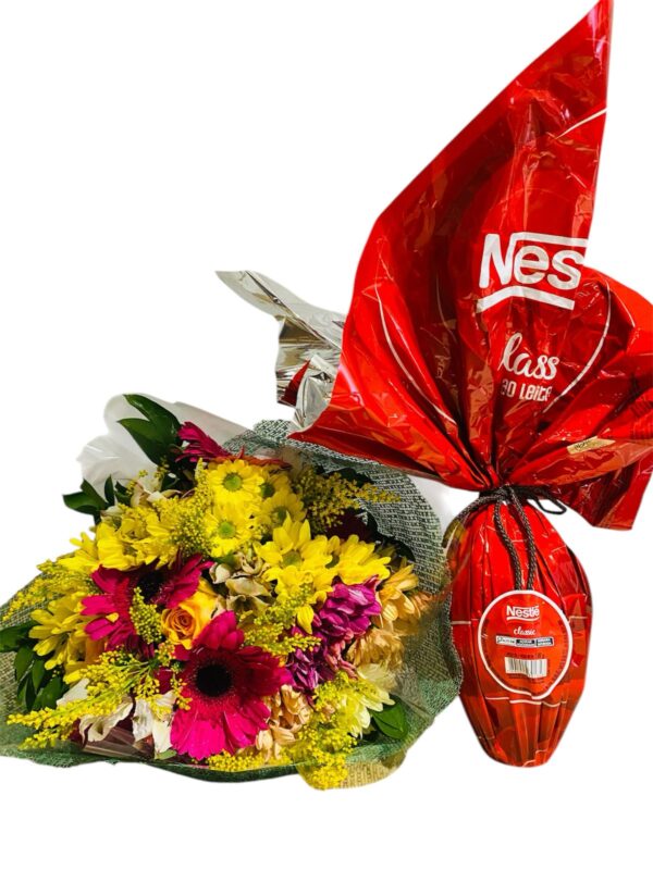 Presente de Páscoa; buquê de flores mistas com ovo de páscoa. Entrega rápida em todo o Brasil